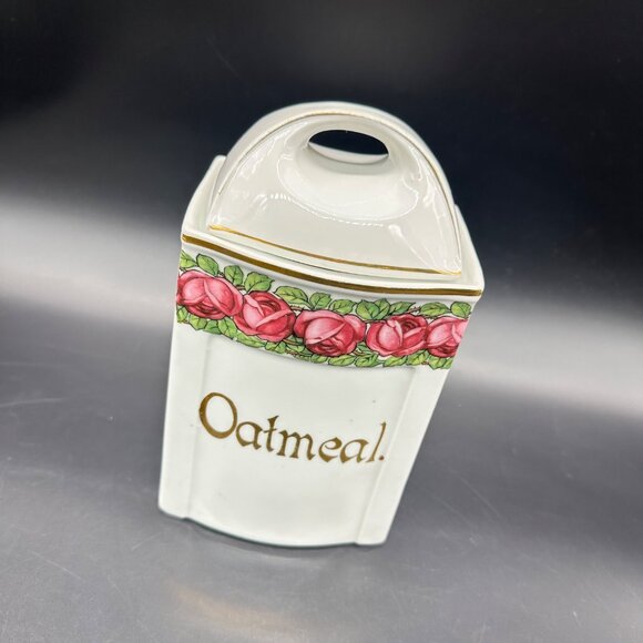 Antique German Oatmeal Canister Pink Roses Floral Kitchen Storage Pink Flowers - Picture 1 of 13